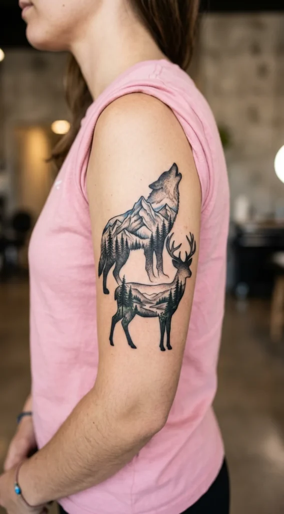 Double Exposure Deer and Wolf Mountain Scene