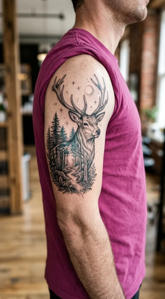 Double Exposure Deer and Woodland Scene