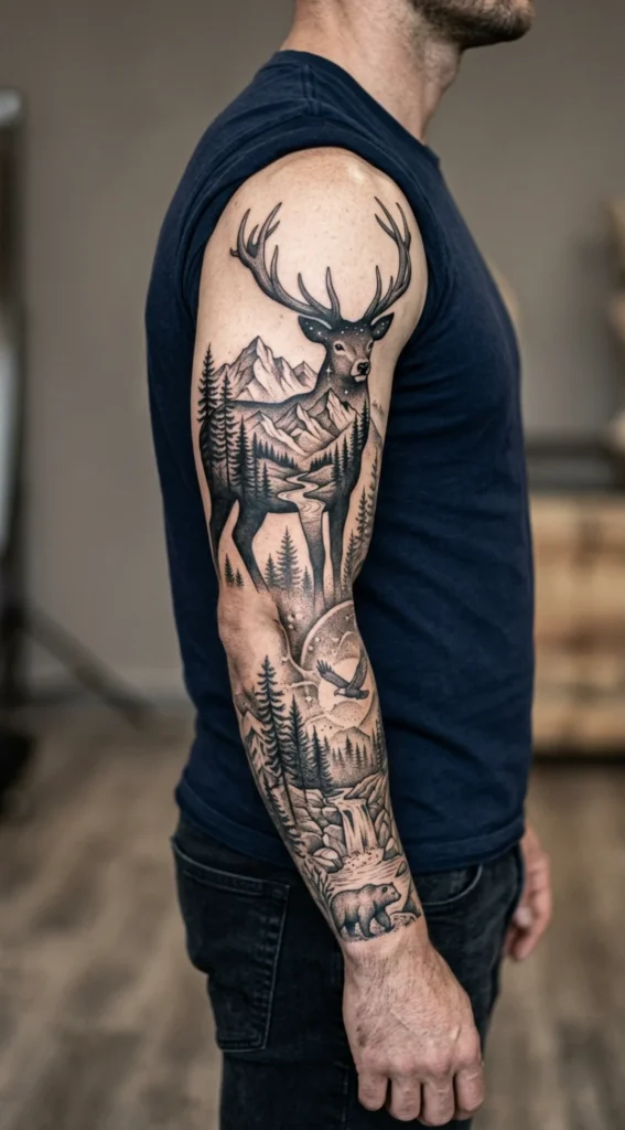 Double Exposure Deer with Mountain Sleeve