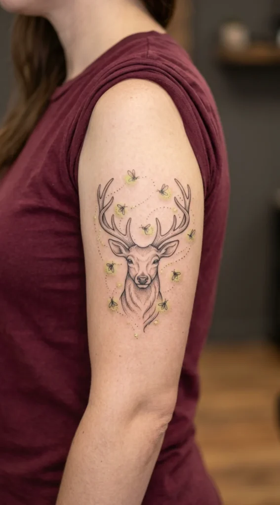 Dreamy Deer Surrounded by Fireflies