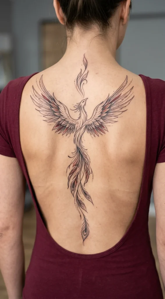 Elegant Spine Phoenix Tattoo