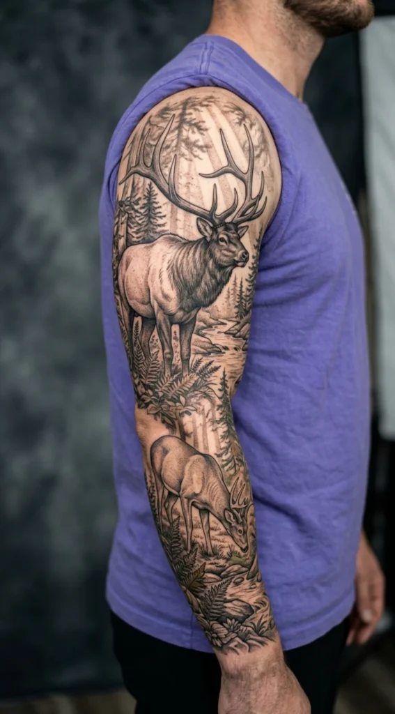 Elk and Deer Woodland Full Sleeve Composition