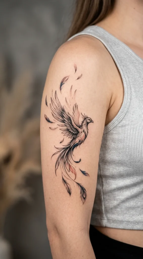 Ethereal Phoenix with Floating Feathers