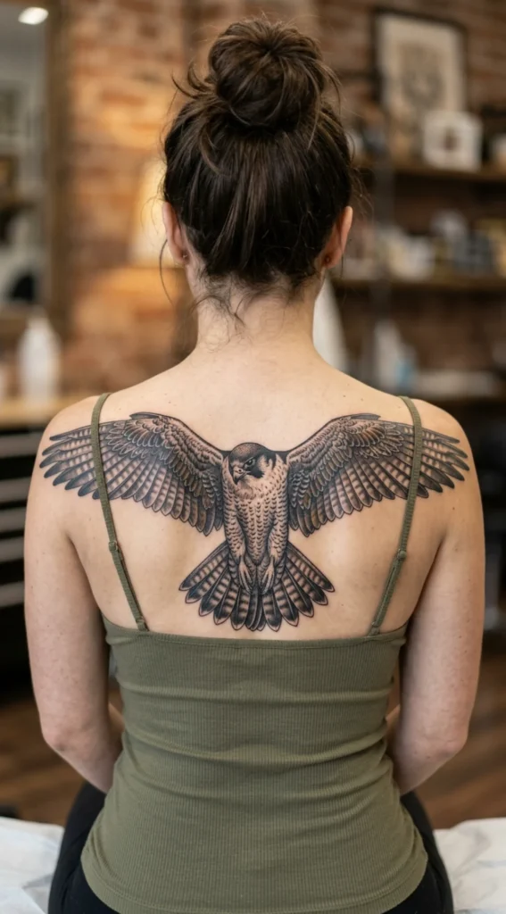 Falcon Back Tattoo with Elegant Wingspan