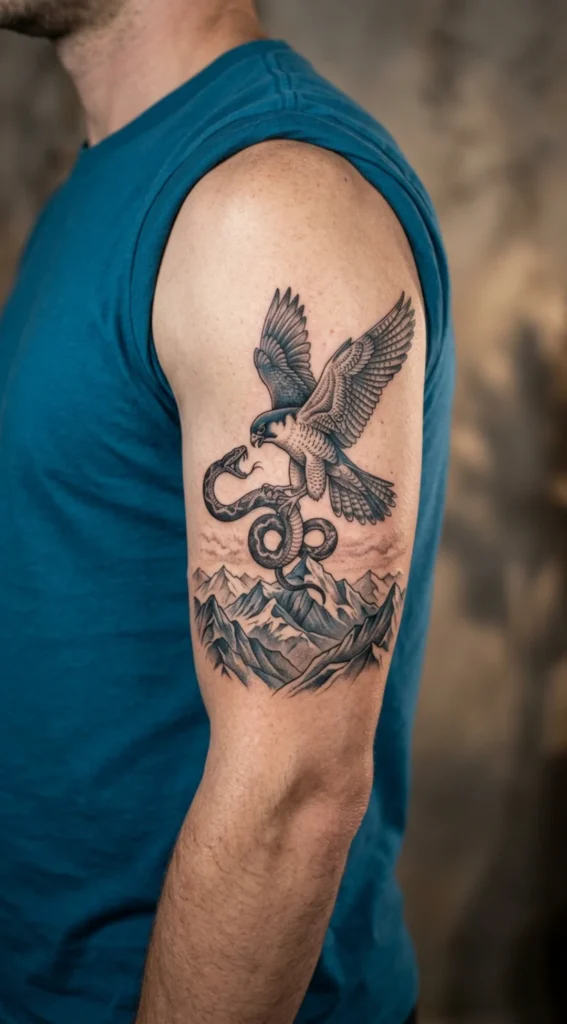  Falcon Battling a Snake Above Mountain Peaks