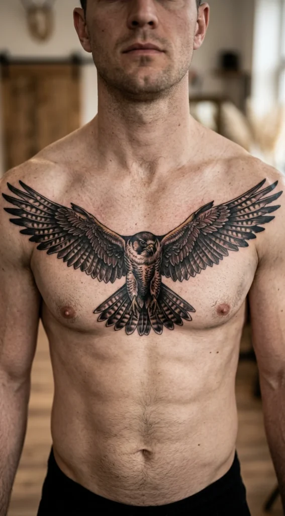 Falcon Chest Tattoo with Extended Wings