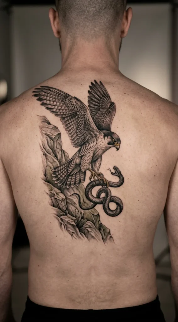 Falcon Clawing a Snake on a Rocky Cliff