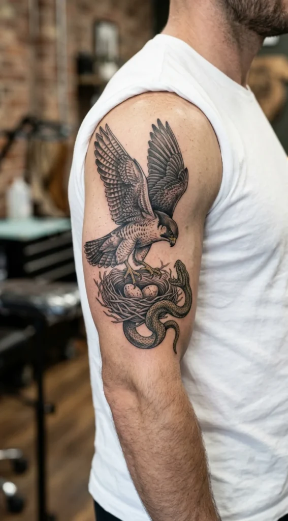 Falcon Defending Its Nest from a Snake
