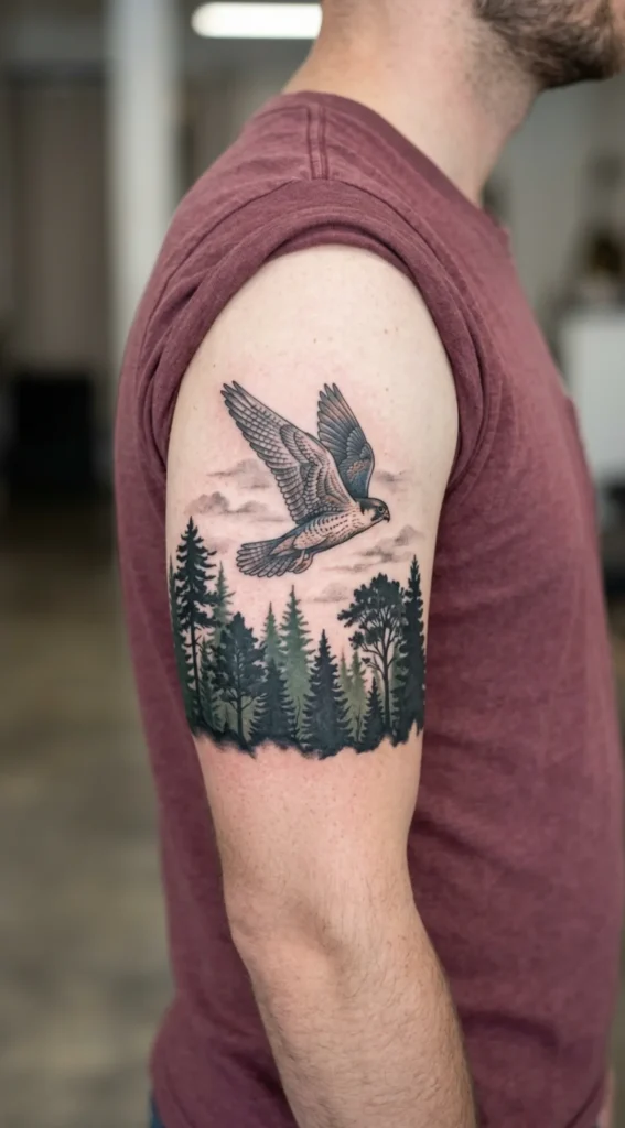 Falcon Over a Forest Silhouette