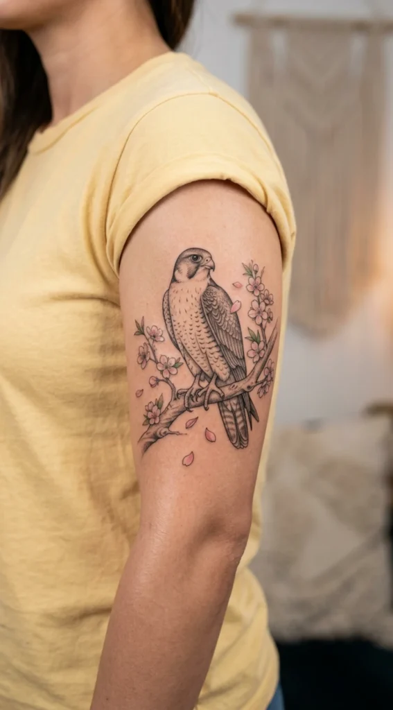 Falcon Perched on Cherry Blossom Branch