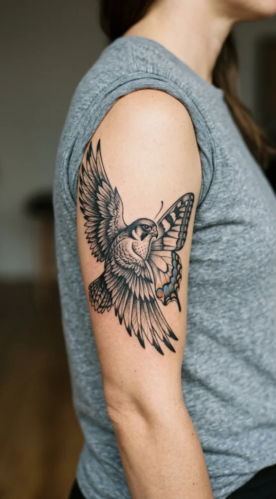Falcon and Butterfly Fusion Tattoo