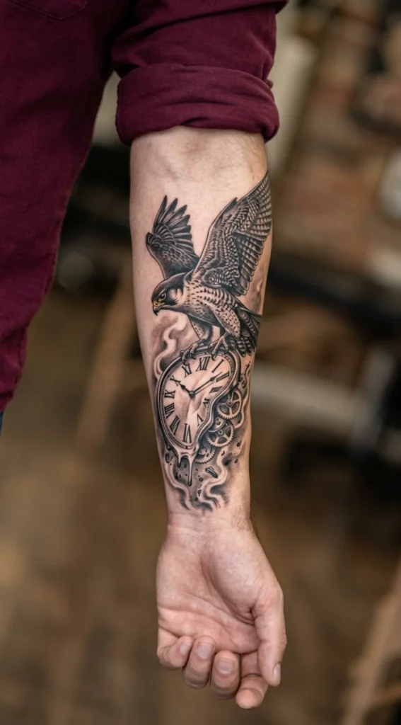 Falcon and Clock Tattoo Symbolizing Time