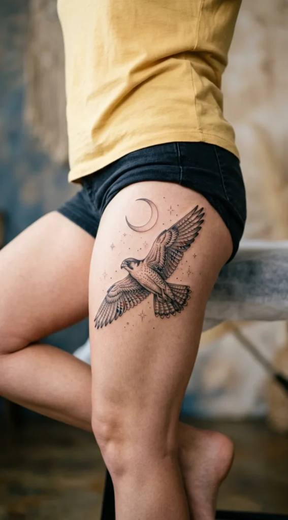 Falcon and Crescent Moon Thigh Tattoo