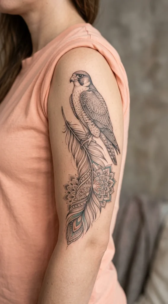 Falcon and Feather Mandala Tattoo