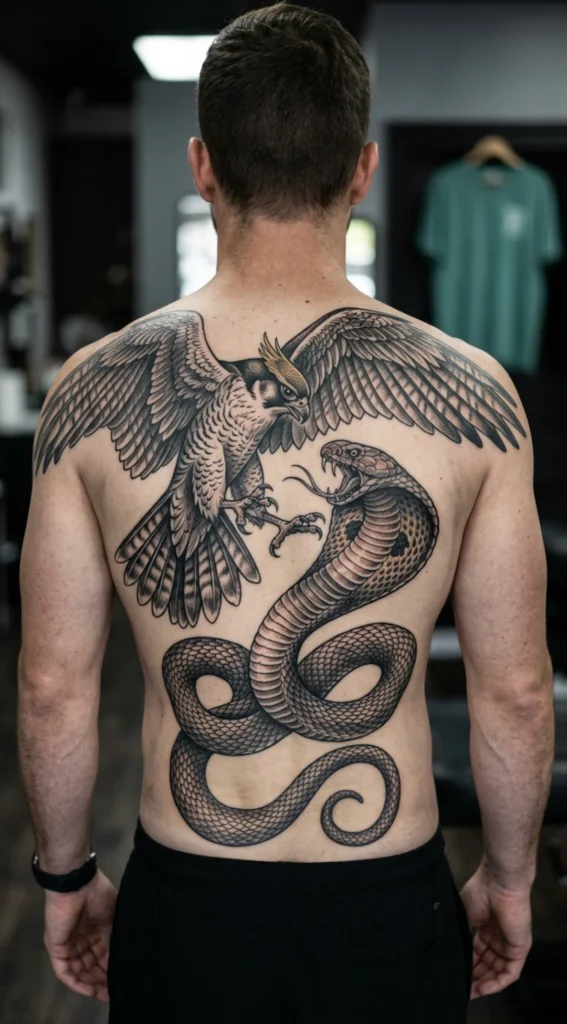 Falcon and King Cobra Back Tattoo