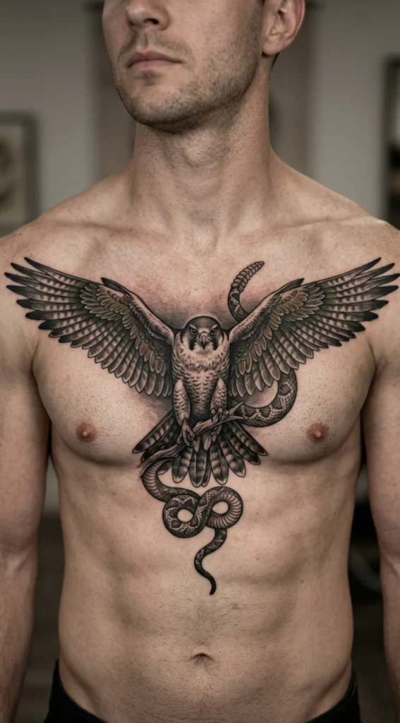 Falcon and Rattlesnake Chest Tattoo