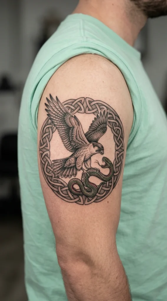 Falcon and Serpent Encircled by Celtic Knots