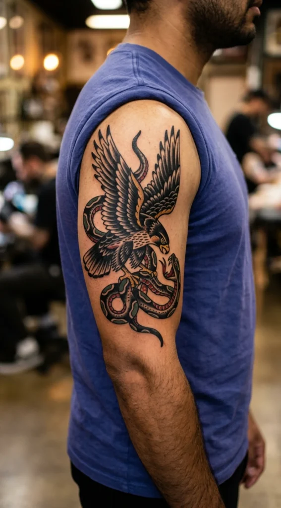 Falcon and Snake Battle in Traditional Style