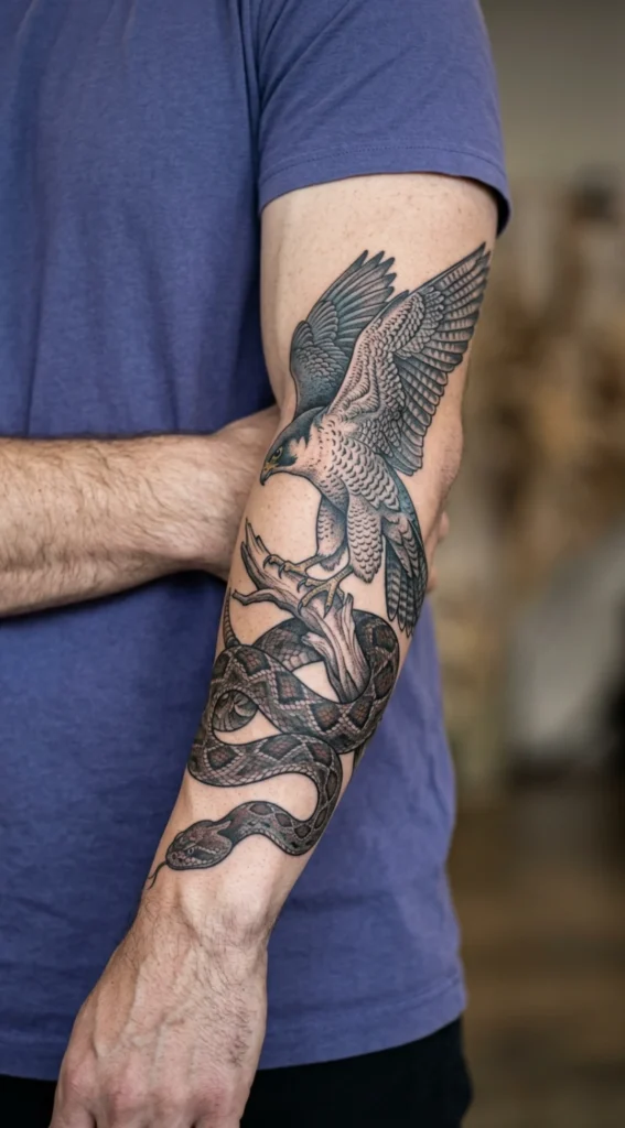 Falcon and Snake Forearm Wrap Tattoo