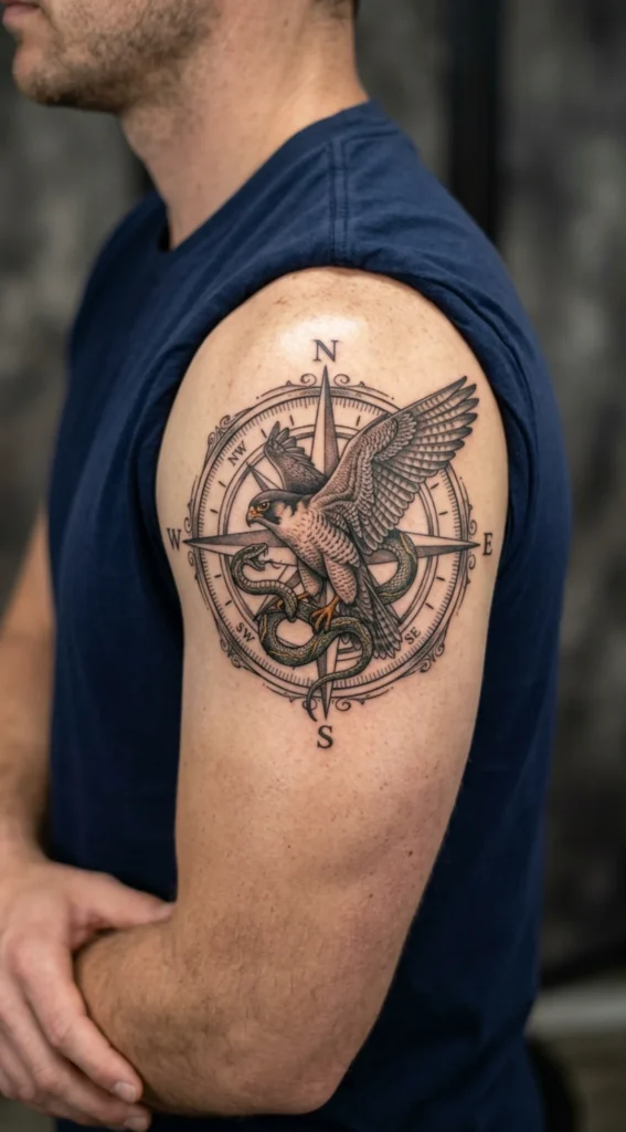Falcon and Snake Framed by a Compass Rose