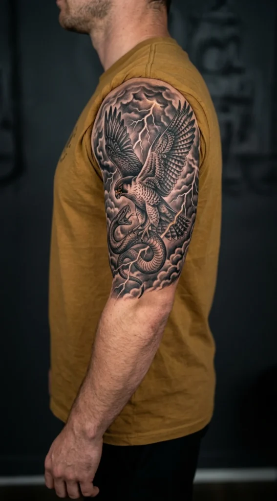 Falcon and Snake Half Sleeve with Storm Clouds