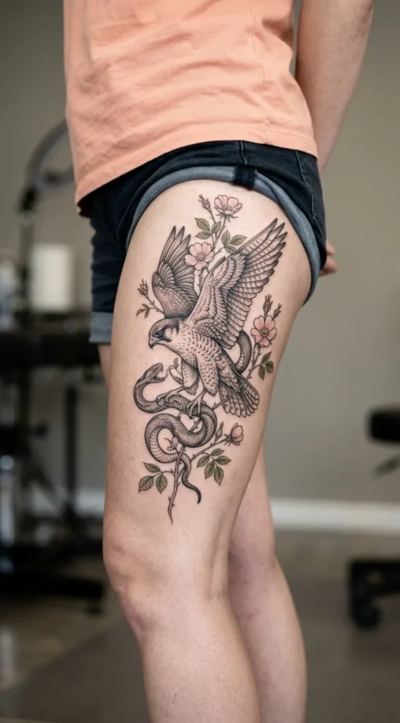 Falcon and Snake Wrapped in Wild Roses