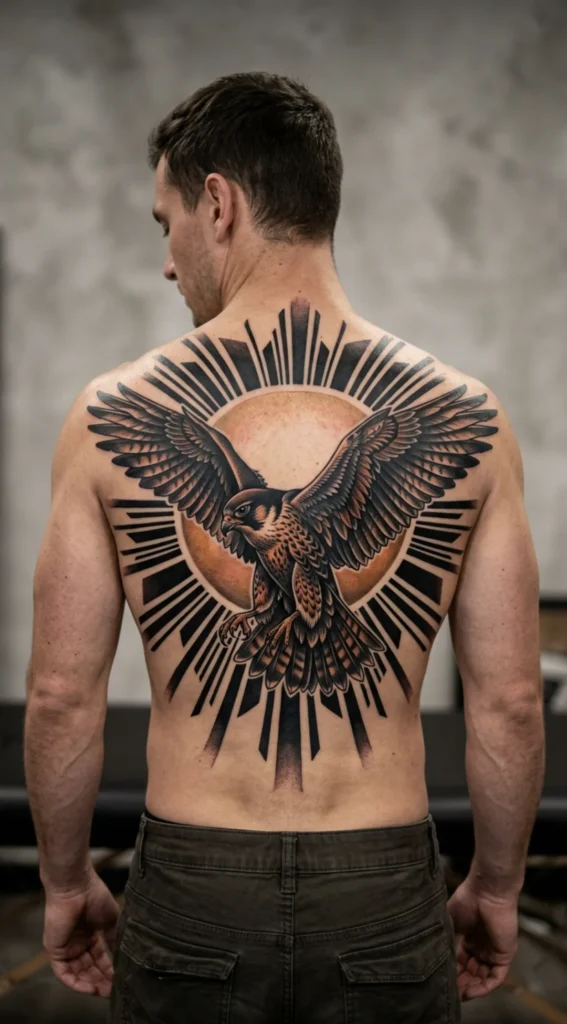 Falcon and Sunburst Back Tattoo