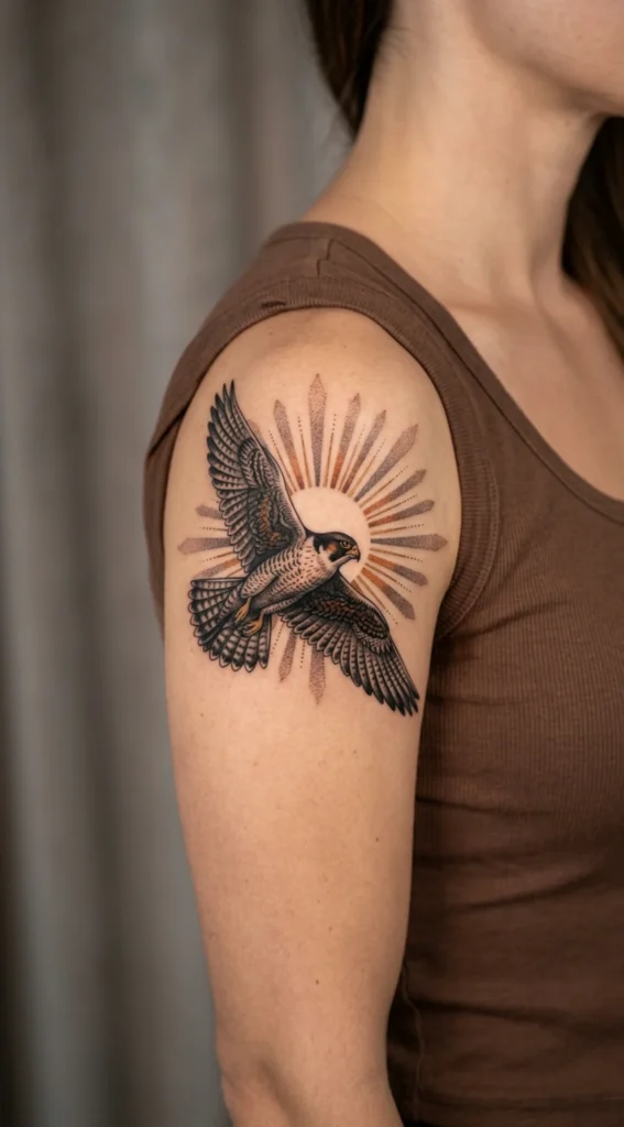 Falcon and Sunburst Shoulder Tattoo
