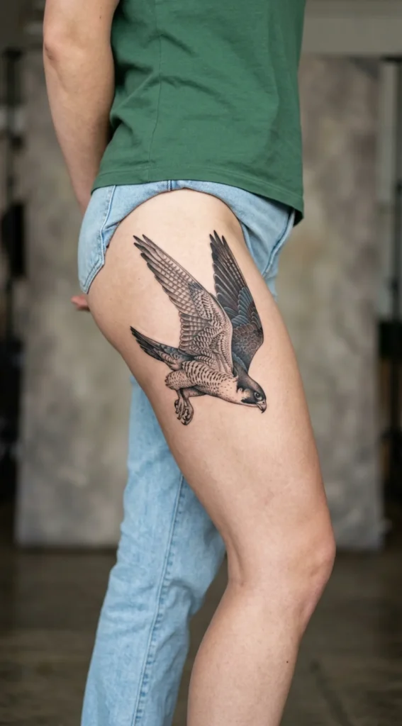 Falcon in Mid-Flight Across the Outer Thigh