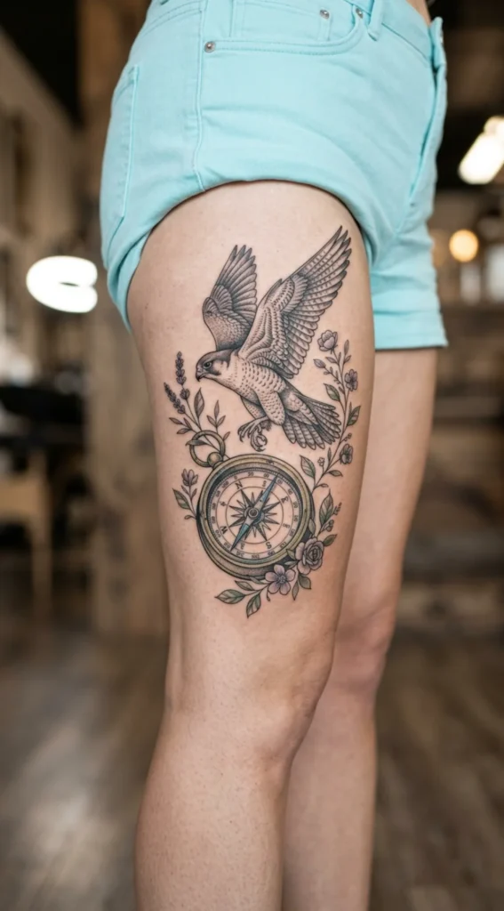Falcon with Antique Compass and Floral Vine