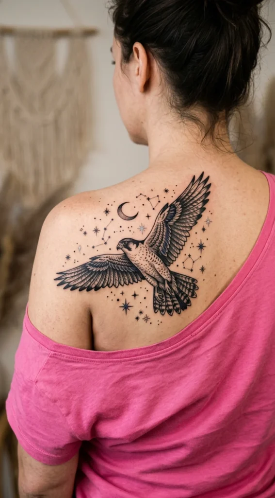 Falcon with Celestial Stars and Moon
