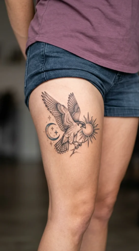 Falcon with Celestial Sun and Moon Design