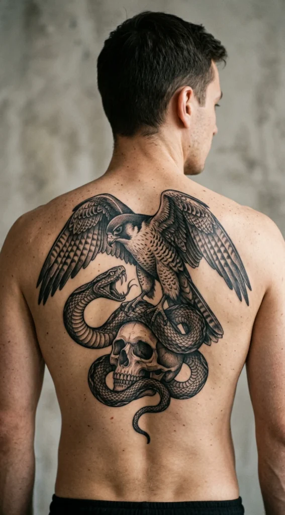 Falcon with Coiled Snake and Skull