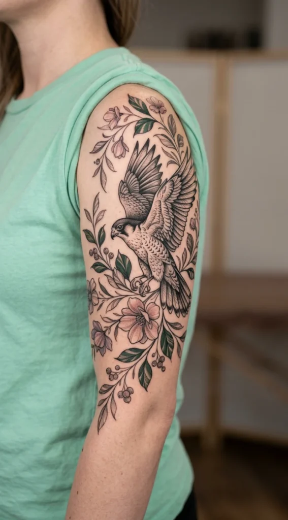 Falcon with Elegant Botanical Half Sleeve