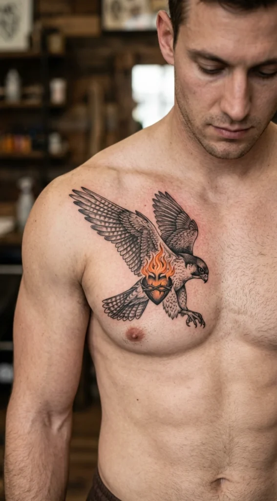 Falcon with Flaming Heart Design