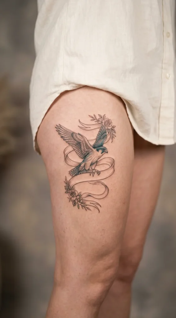 Falcon with Flowing Ribbon and Floral Accents