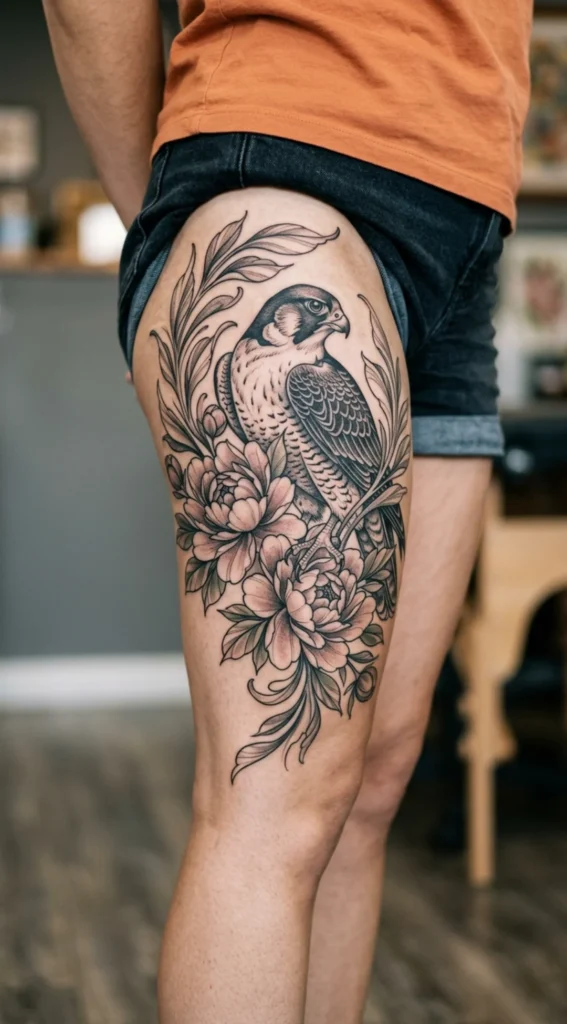 Falcon with Peonies and Flowing Leaves