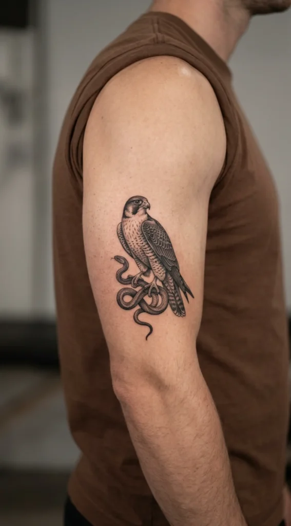 Falcon with Snake Wrapped Around Its Talons