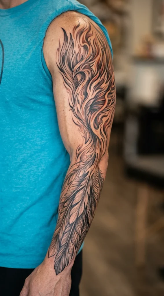 Feather to Flame Phoenix Sleeve Tattoo