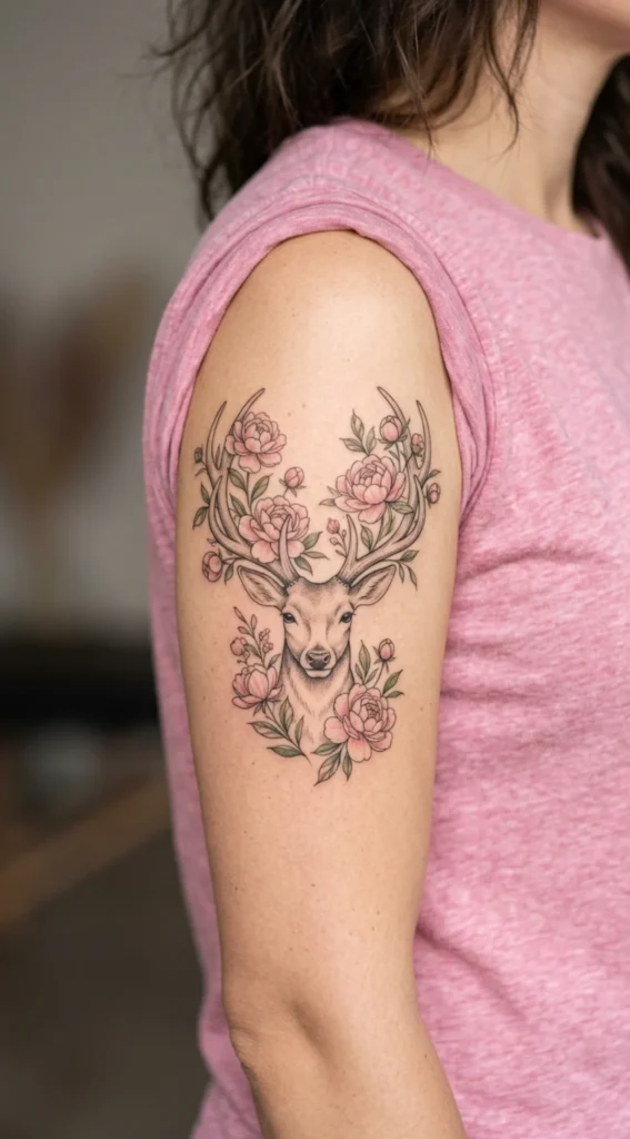 Floral Antler Deer with Peonies