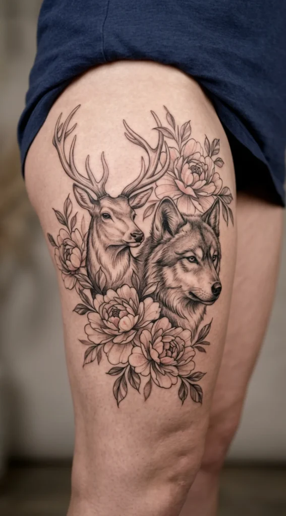 Floral Deer and Wolf with Peonies