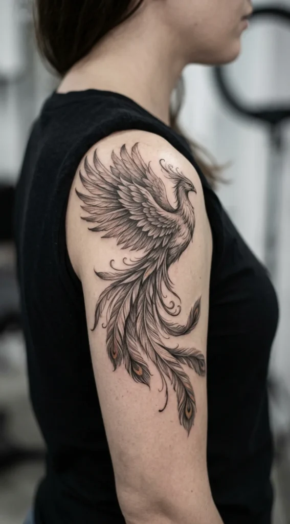 Flowing Feather Phoenix Shoulder Tattoo