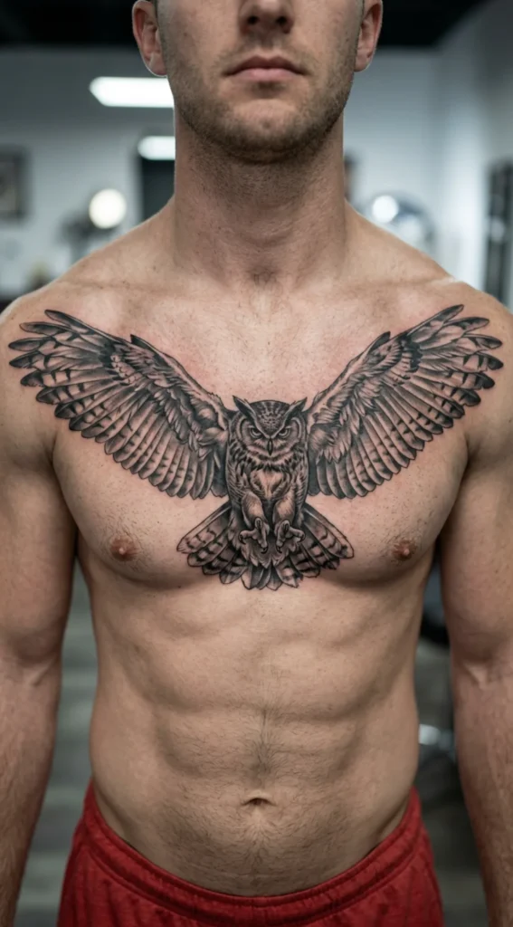 Flying Owl Chest Tattoo