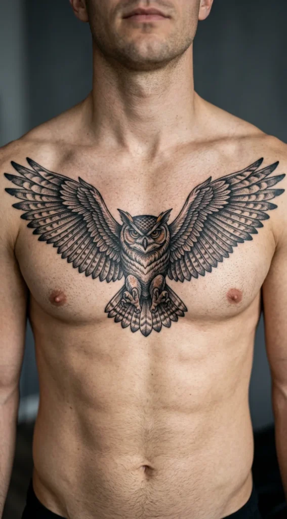 Flying Owl Chest Tattoo