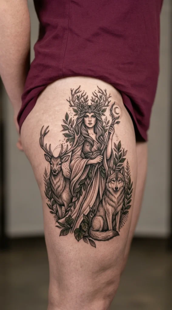 Forest Queen with Deer and Wolf Companions