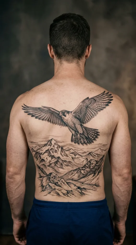 Full Back Falcon Soaring Above Mountain Peaks