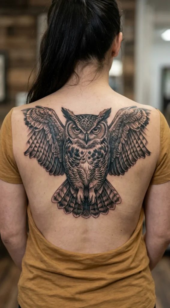 Full Back Realistic Owl Portrait Tattoo