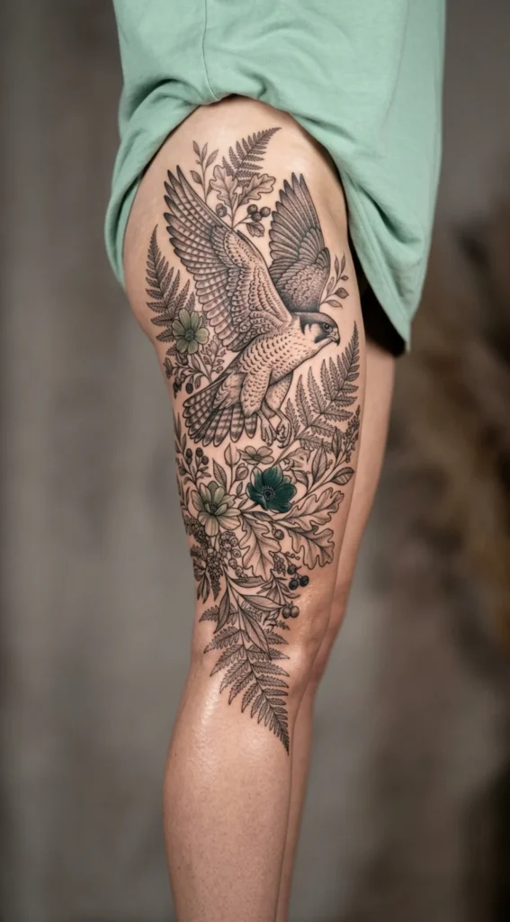 Full Thigh Falcon with Botanical Half-Sleeve Composition