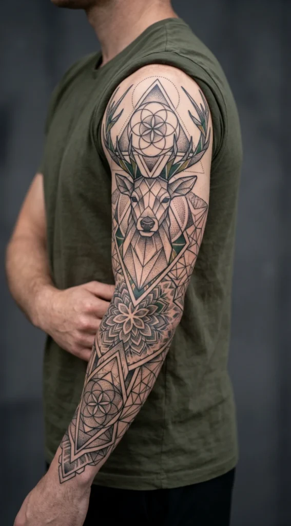 Geometric Deer Full Sleeve with Sacred Geometry