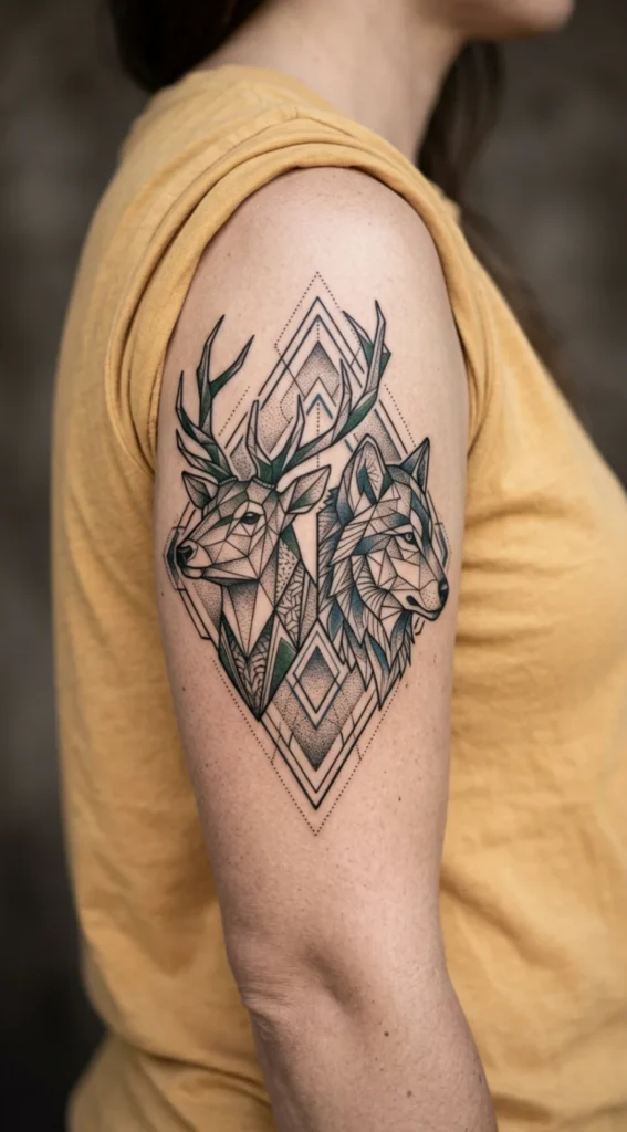 Geometric Deer and Wolf Balance Tattoo